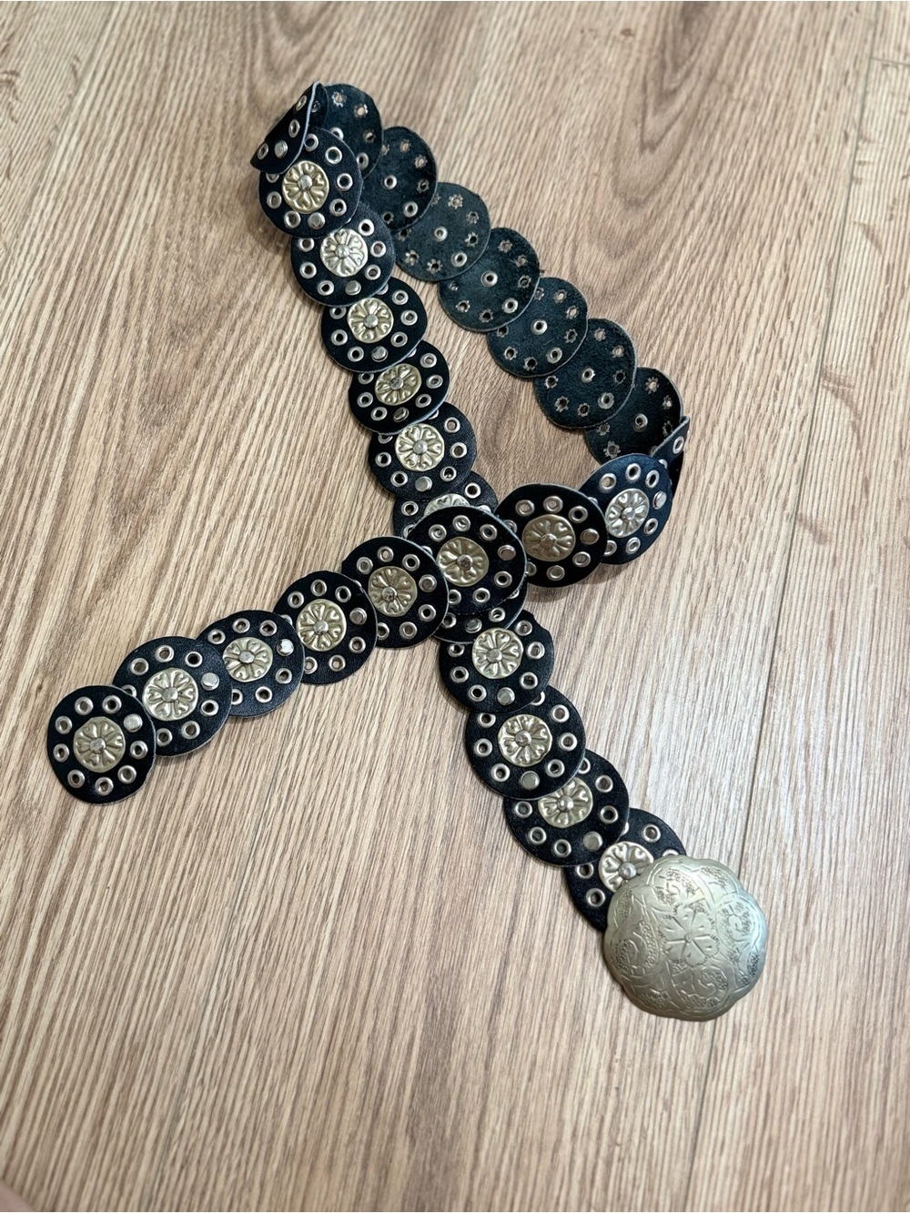 Chico's Black Leather Medallion Belt with Brass Concho